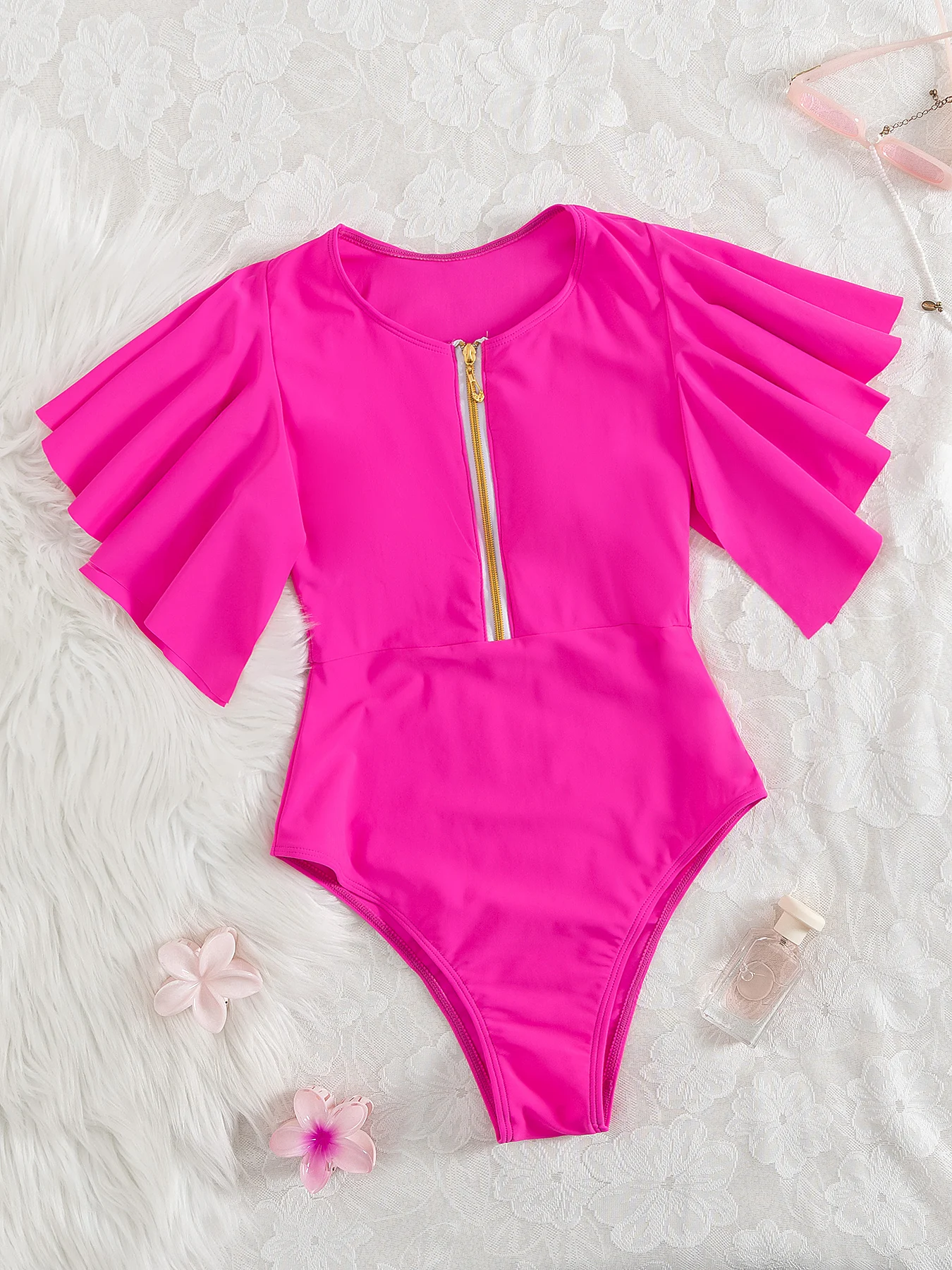 Fashion Solid Color Women Half Sleeves One Piece Swimsuit Sexy Zipper Lady Bodysuit Swimwear Female Bathing Suit Beachwear 2026