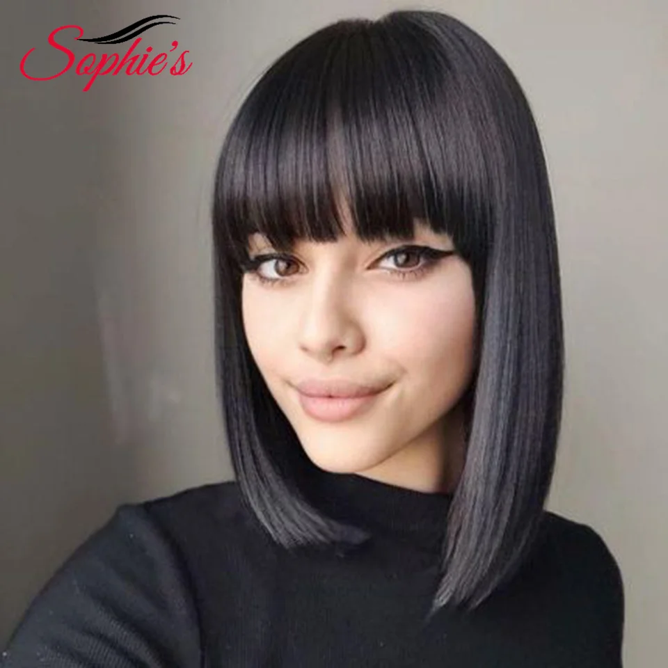 

Sophies Full Machine Made Human Hair Wig 1B 1B/30 Color Bob With Bang For Women 180% Density Brazilian Hair Wig 10 Inches