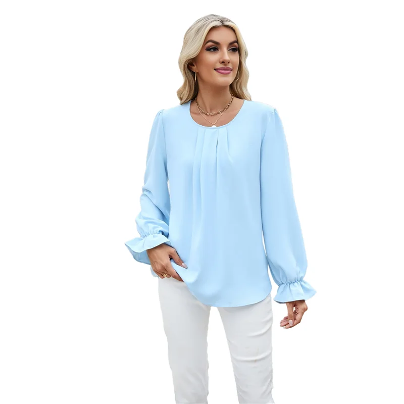 

【Party-Decoration】Women's Puff Long Sleeve Blouse Dressy Casual Crew Neck Chiffon Blouse Loose Fit Pleated Shirt Work Office Top