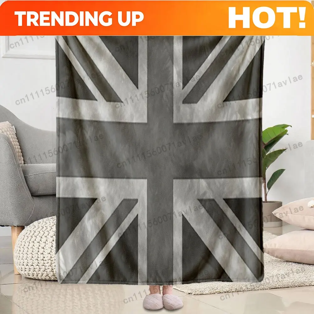 Customize Union Jack Bed Blanket - Greyscale Distressed Flag, Soft Plush Flannel - Sofa & Bed Cover, HD Printed Union Jack for C