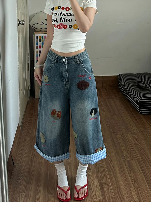 American Style Washed Vintage Dog Embroidery Jeans High Waist Wide Leg Loose Fit Summer Trend Short Pants for Women
