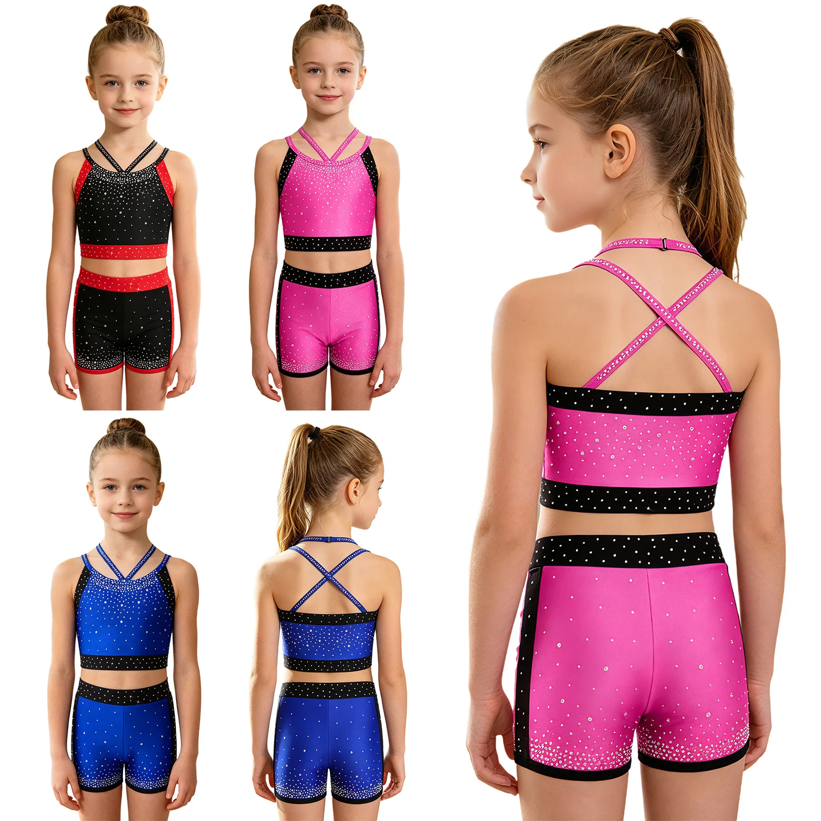 

Kids Girls Figure Skating Modern Modern Dance Costume Rhinestones Cheerleader Sports Sets Halter Cross Back Crop Top with Shorts