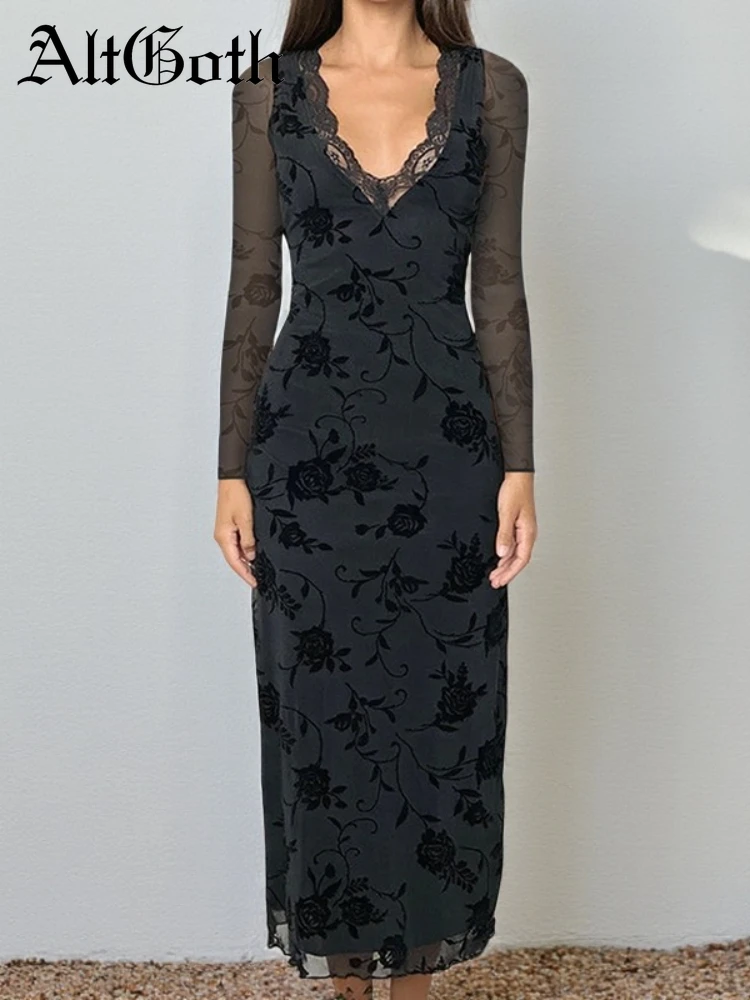 

AltGoth Fairycore Grunge Midi Dress Women Mall Gothic Aesthetic Mesh Sleeve Lace Patchwork V-neck High Waist Bodycon Dress Femme