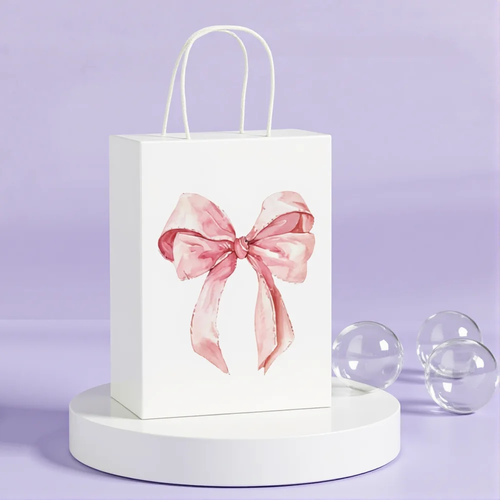 Pink Bow Gift Bag Cute Paper Ribbon Handle Packaging Pouch Sweet Candy Birthday Party Tote Elegant Wedding Jewelry Gift Bag