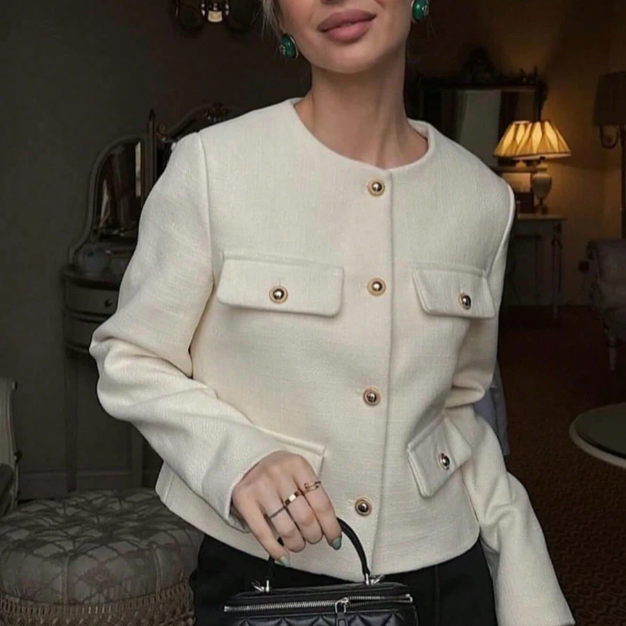 

Women White Short Jacket Fashion Autumn Round Neck Cropped Tweed Jacket Long Sleeve Elegant Lady Jacket Short Coat New Outerwear