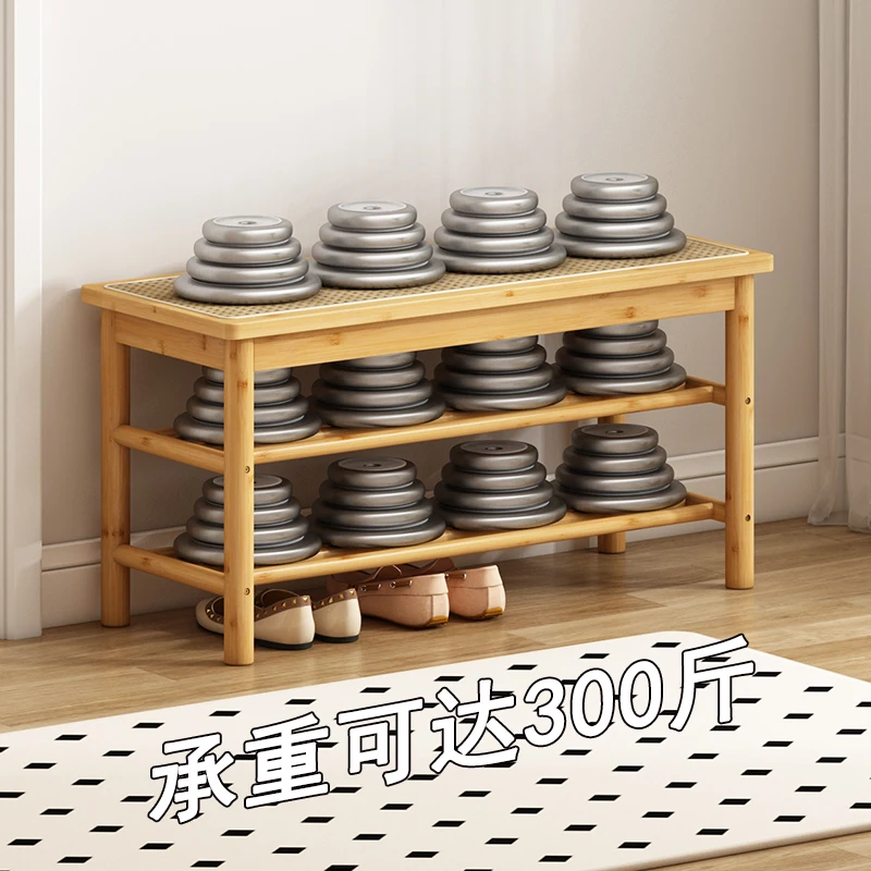 Solid Wood Woven Rattan Seat Multi-Tier Entryway Shoe Bench Durable Shoe Rack for Home Porch Space Saving Storage Stool