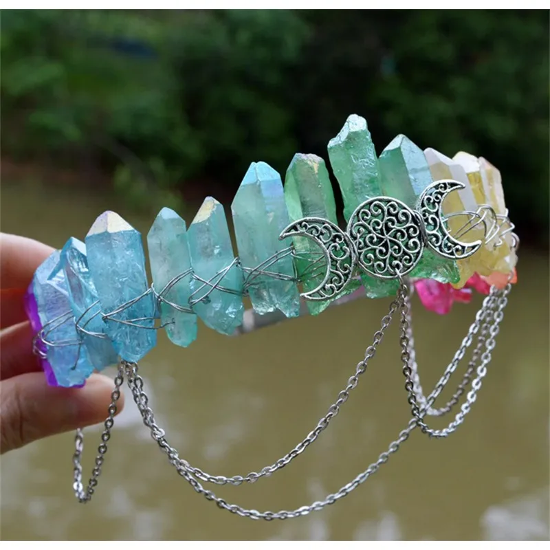 

Raw Crystal Quartz Tiara Headband Moon Crystal Boho Tiara Goddess Crown Wedding Bride Headpiece for Women and Girls