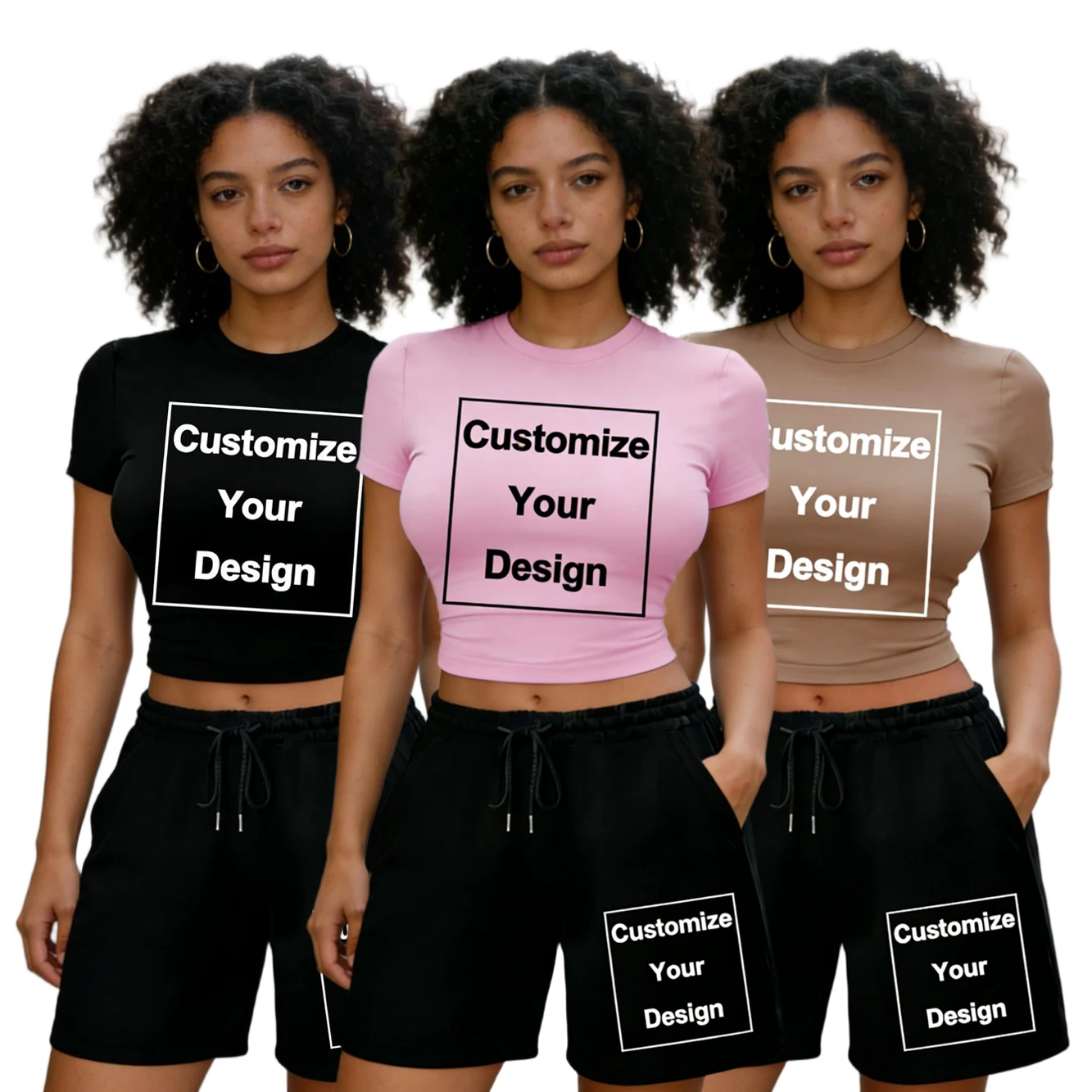 Custom Two Pieces Set Crop T-Shirts Shorts Womans Summer Street Oversized Knee Length Pants High Elastic Soft Slim O-Neck Tops