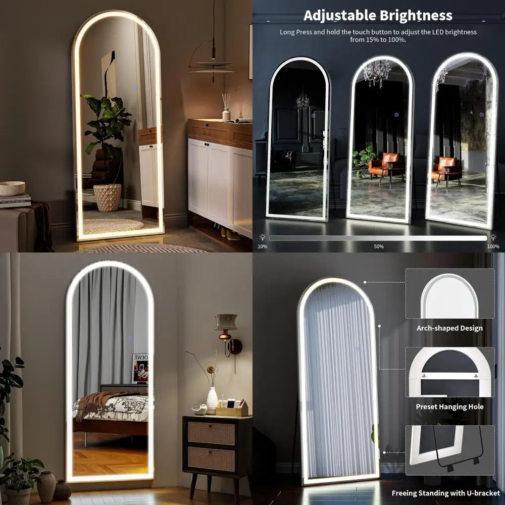 

Full-Length Arched LED Illuminated Floor Mirror with Dimmable Lights - 3 Color Modes, Standing or Wall-Mountable Body Mirror