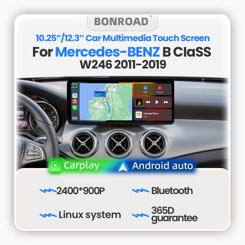 BONROAD 12.3" Autoradio sans fil CarPlay, lecteur multimédia, écran tactile, Android Auto pour Mercedes Benz classe B W246 2011-2018 NTG4.5/NTG5.0 avec AirPlay Auto Link Bluetooth 5.0, navigation GPS