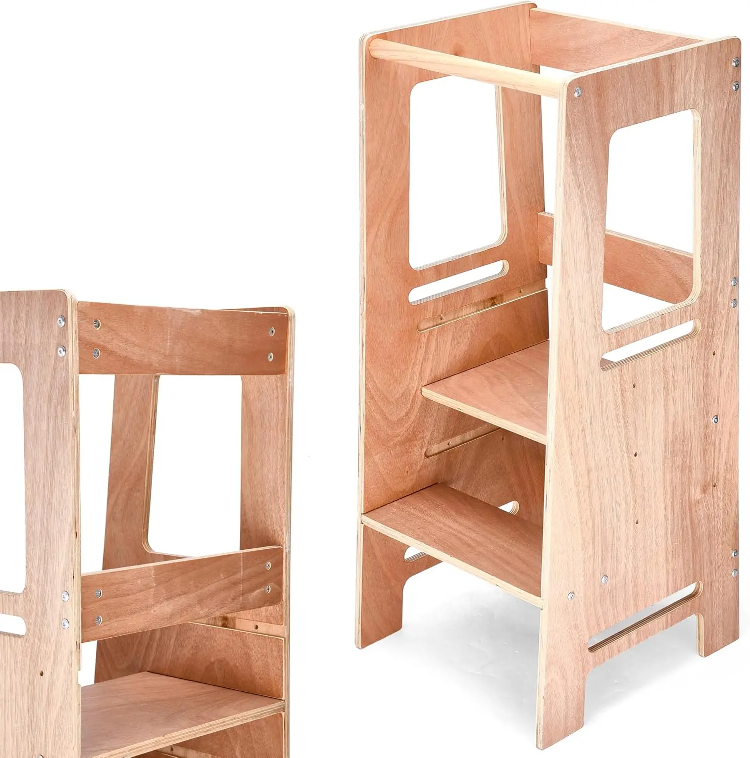 

Toddler Step Stool - Wooden Kids Standing Tower Stool - Safety Bars & Corner Braces For Stability - Light Brown
