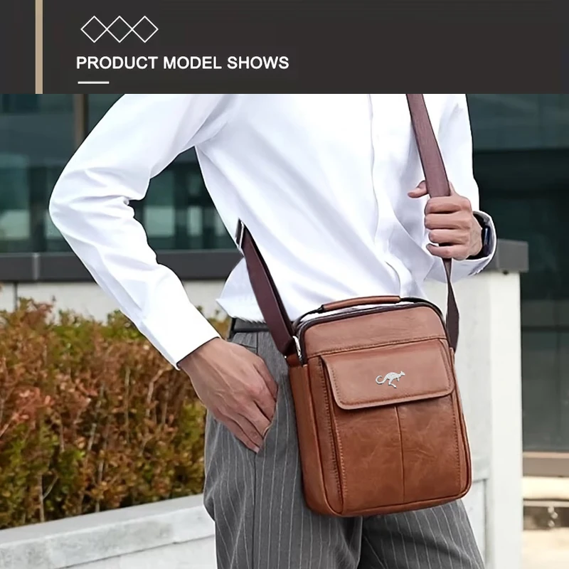 Hochwertige Leder-Umhängetasche für Herren, Elegante Schulterhandtasche mit Känguru-Emblem, Ideal für Geschäftsreisen – Detail 9