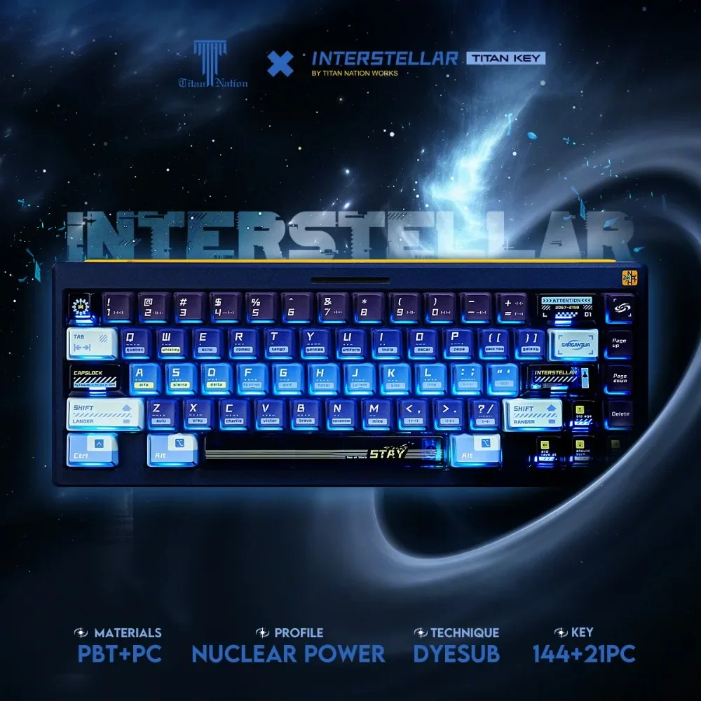 

Колпачки для клавиш Titan Nation Interstellar Crossing, оригинальная высота, ПК, прозрачный термосублимированный материал PBT, 144 клавиши, высокое качество