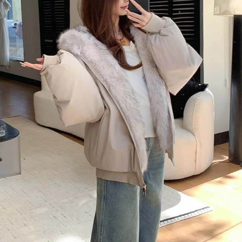 American Vintage Cute Cat Ear Faux Fur Hood Parka Unisex Oversized Thick Fleece Lined Warm Winter Coat Casual Streetwear Jacket