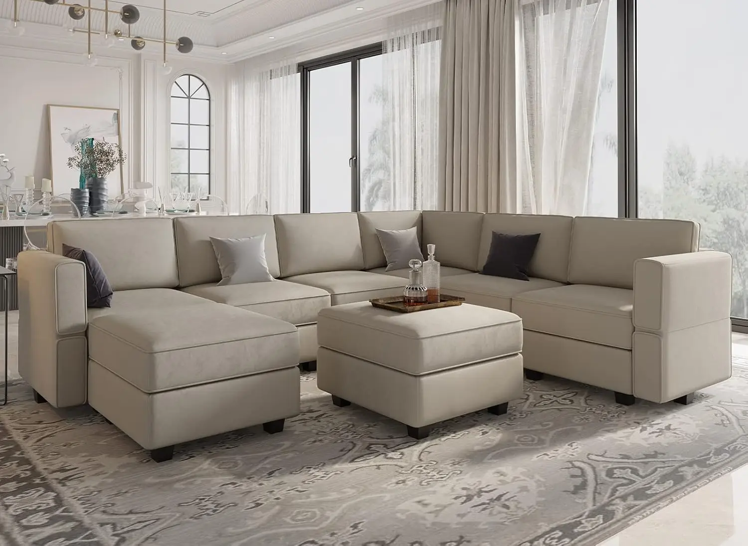 

Modular Sectional Sofa with Storage Seat Oversized U Shaped Couch with Reversible Chaise Sofa Set with Ottoman Velvet Grey