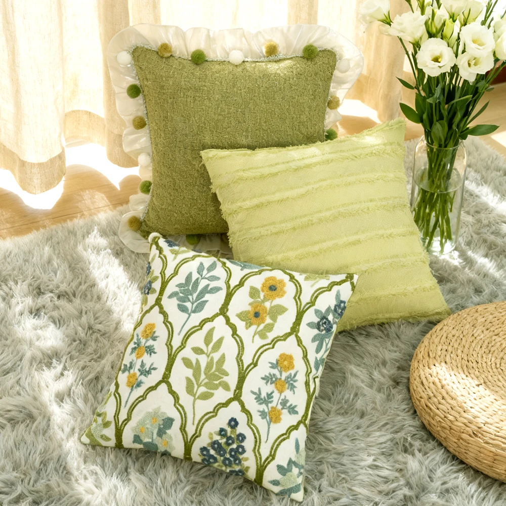 BUYNOW 1PC Towel Embroidery Green Series Pillowcase Pastoral Cottage 18x18 inch Cushion Cover Home Bedroom Decor Cojines Para Sa