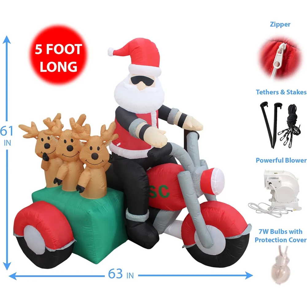 Christmas Inflatable 5Ft Tall Santa Claus and Three Reindeer on Motorcycle Outdoor Indoor Decoration Lights Christmas Inflatable