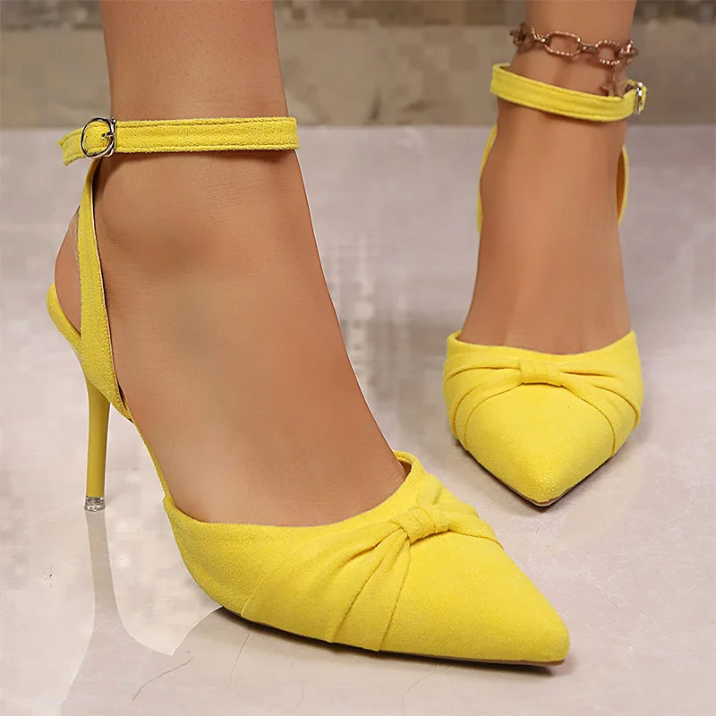Women's Yellow Flock High Heel Sandals Plus Size Bowtie Decor Pointed Toe Party Sandals Fashion Ankle Buckle Thin Heeled Sandls