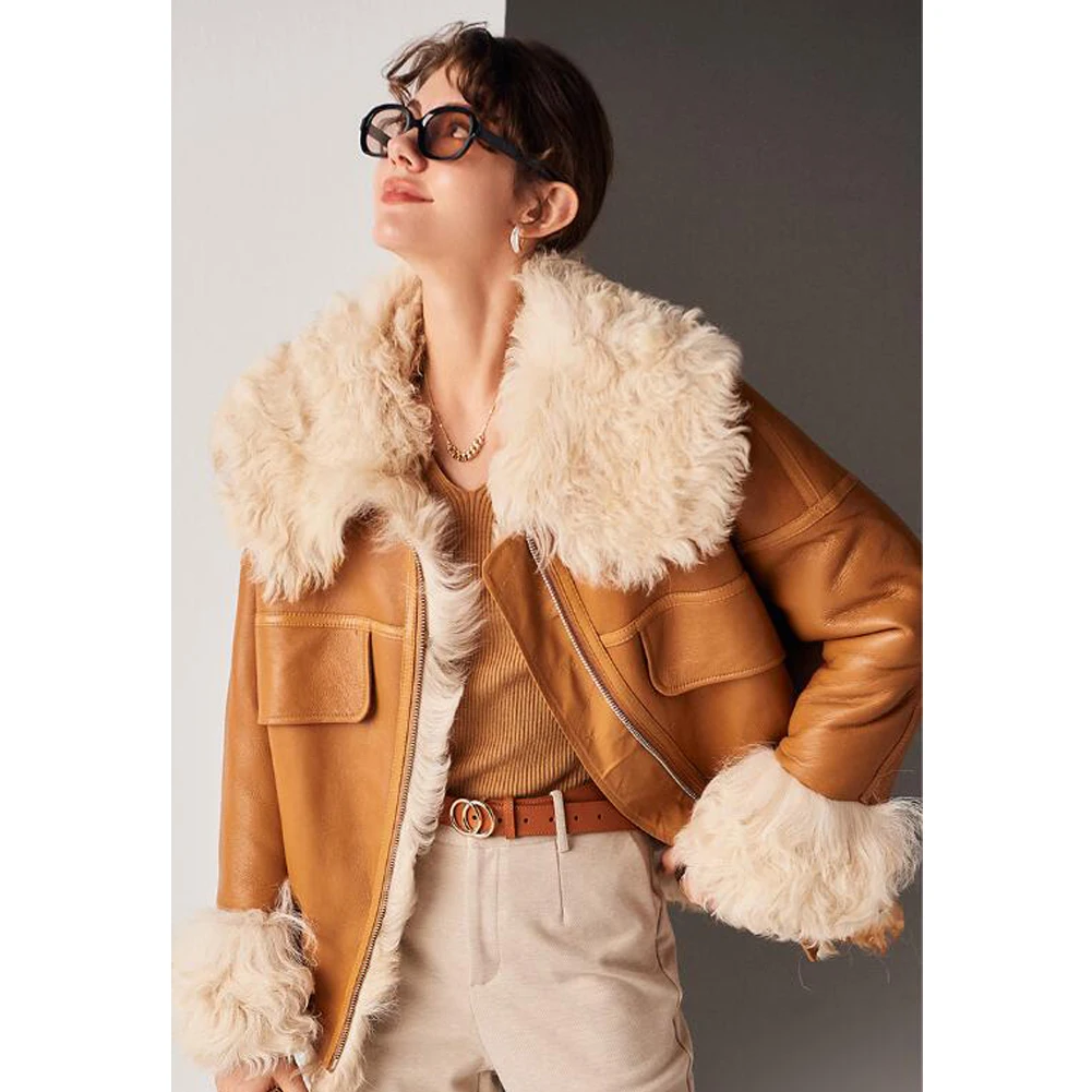 Denny&Dora Womens Sheepskin And Fur Coat Womens Shearling Aviator Jacket Warm Natural Fur Coat