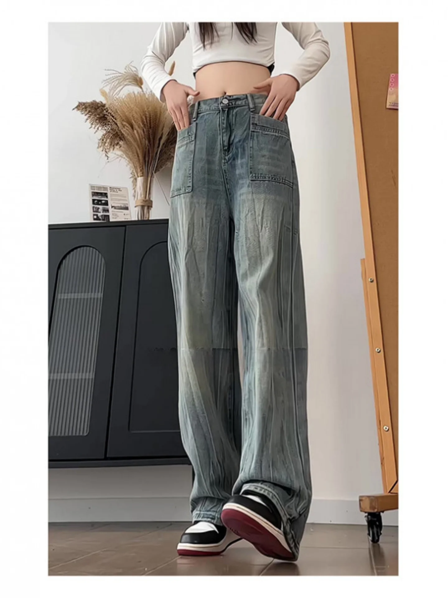 

Lightning Pattern Men's Jeans Waed Vintage Loose Straight Leg American Sle Casual Long Trousers Faion Urban Youth