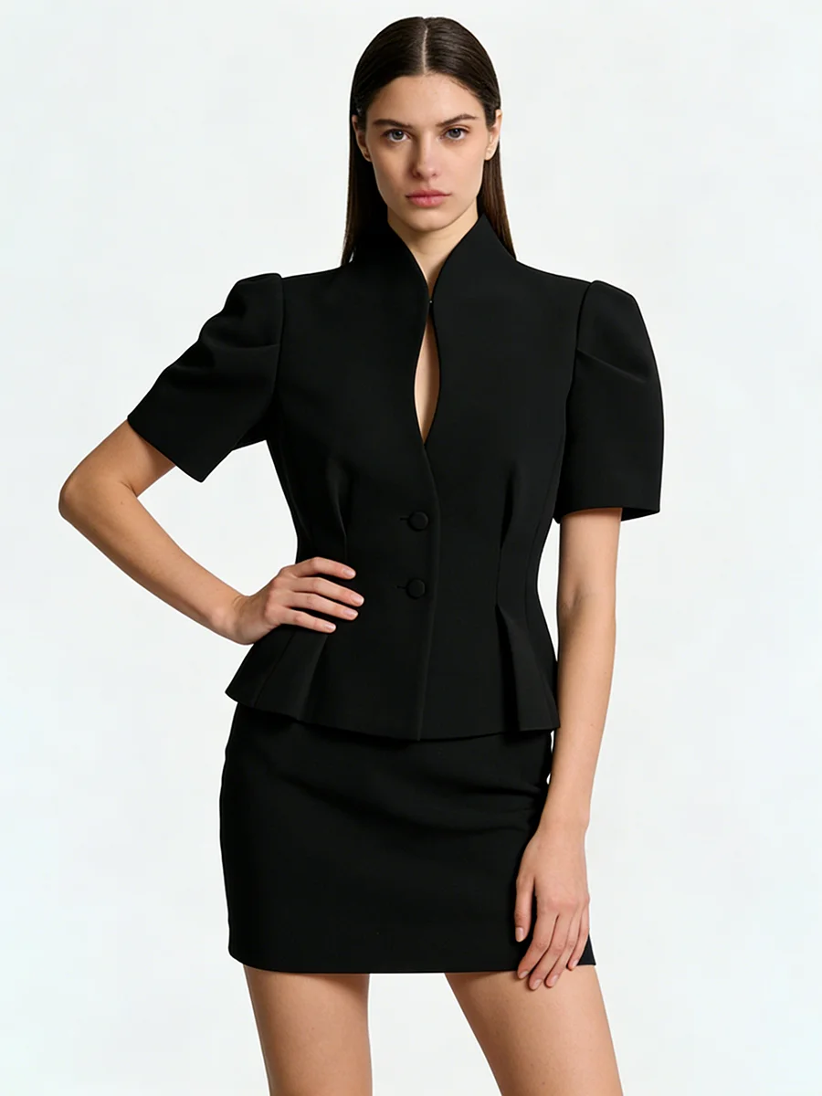 

Nova Women's Black Stand Collar Puff Sleeve Blazer Keyhole Neck Waist Pleated Peplum Suit Jacket for Office & Formal Occasio