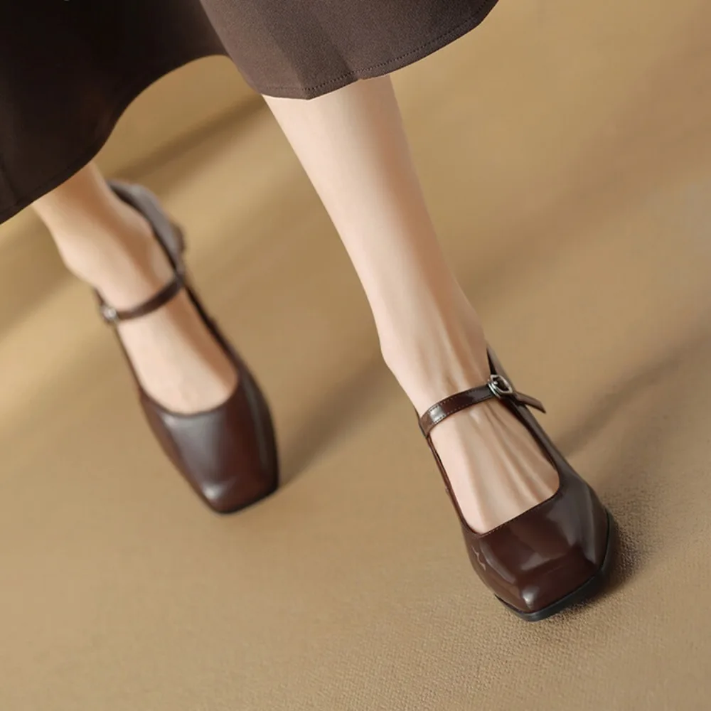 NEW Spring/Autumn Shoes Women Square Toe Chunky Heel Mary Janes Solid Color Women Pump Genuine Leather Shoes Classics High Heels