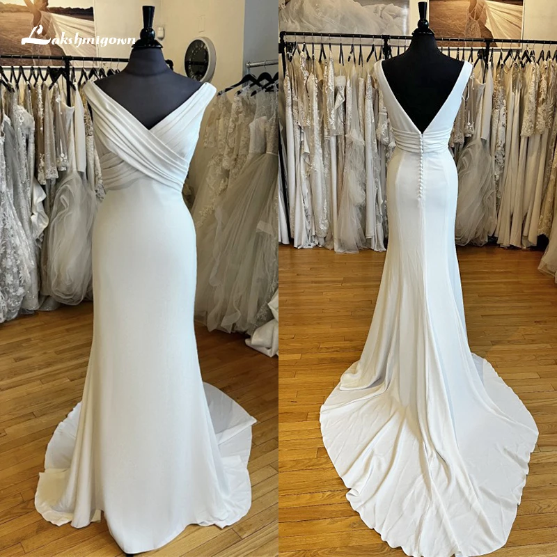 Semplici abiti da sposa a sirena per le donne Sexy scollo a v con spalle scoperte bottoni senza schienale abiti da sposa Sweep vestidos de novia robe