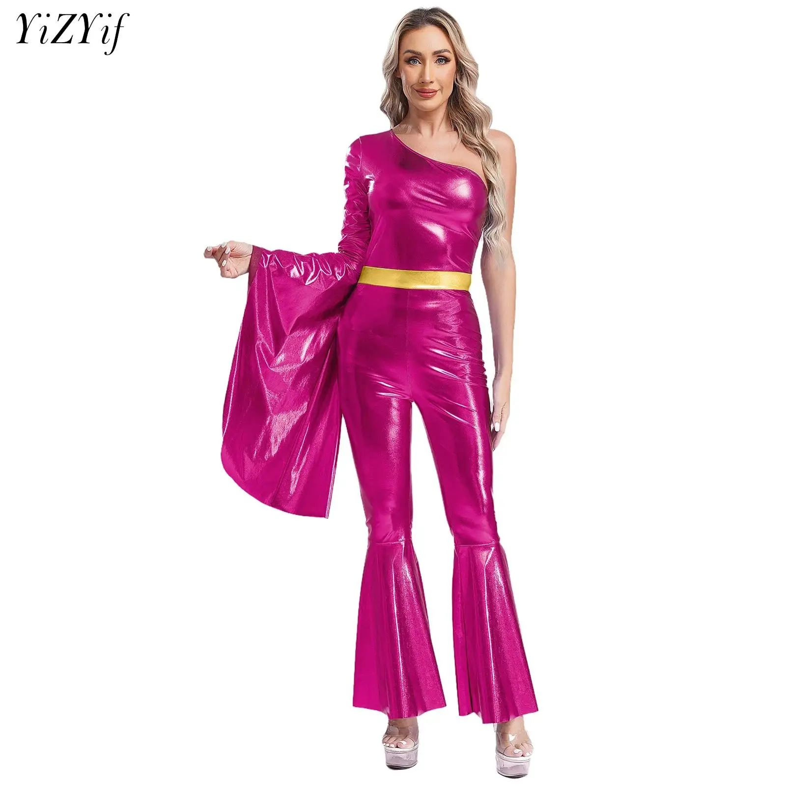 

Women 70s 80s Disco Hippie Dance Costume One Shoulder Flared Bell Bottoms Bodysuit Latin Jazz Ballroom Performance Dancewear