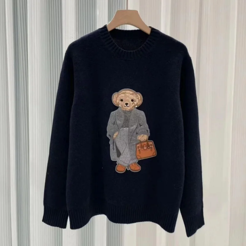 New Fall/Winter Pullover Ralph Women\'s Sweater O-Neck Bear Embroidery Stylish Casual Loose Knit Women\'s Lauren Sweater Jacket