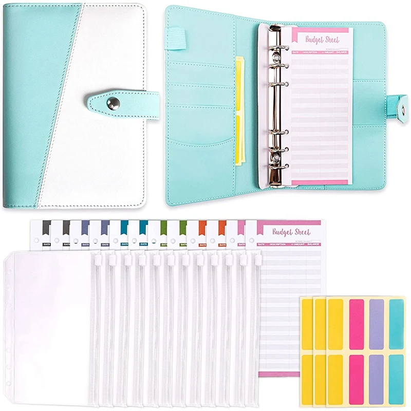 PU Budget Binder com Zipper, Envelopes de dinheiro para orçamento, etiqueta auto-adesiva, 12 Envelopes de orçamento, 24, A6