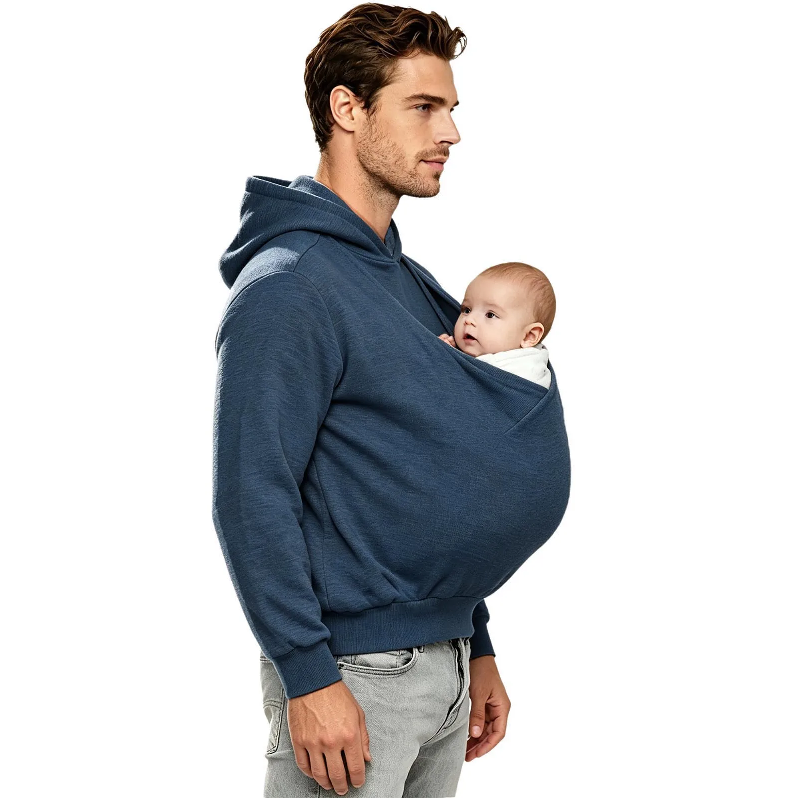 Men Long Sleeve Kangaroo Hooded Sweatshirt Dad and Baby Carrier Hoodie Large Pouch Pullover Tops Outing Travel Cycling Clothes