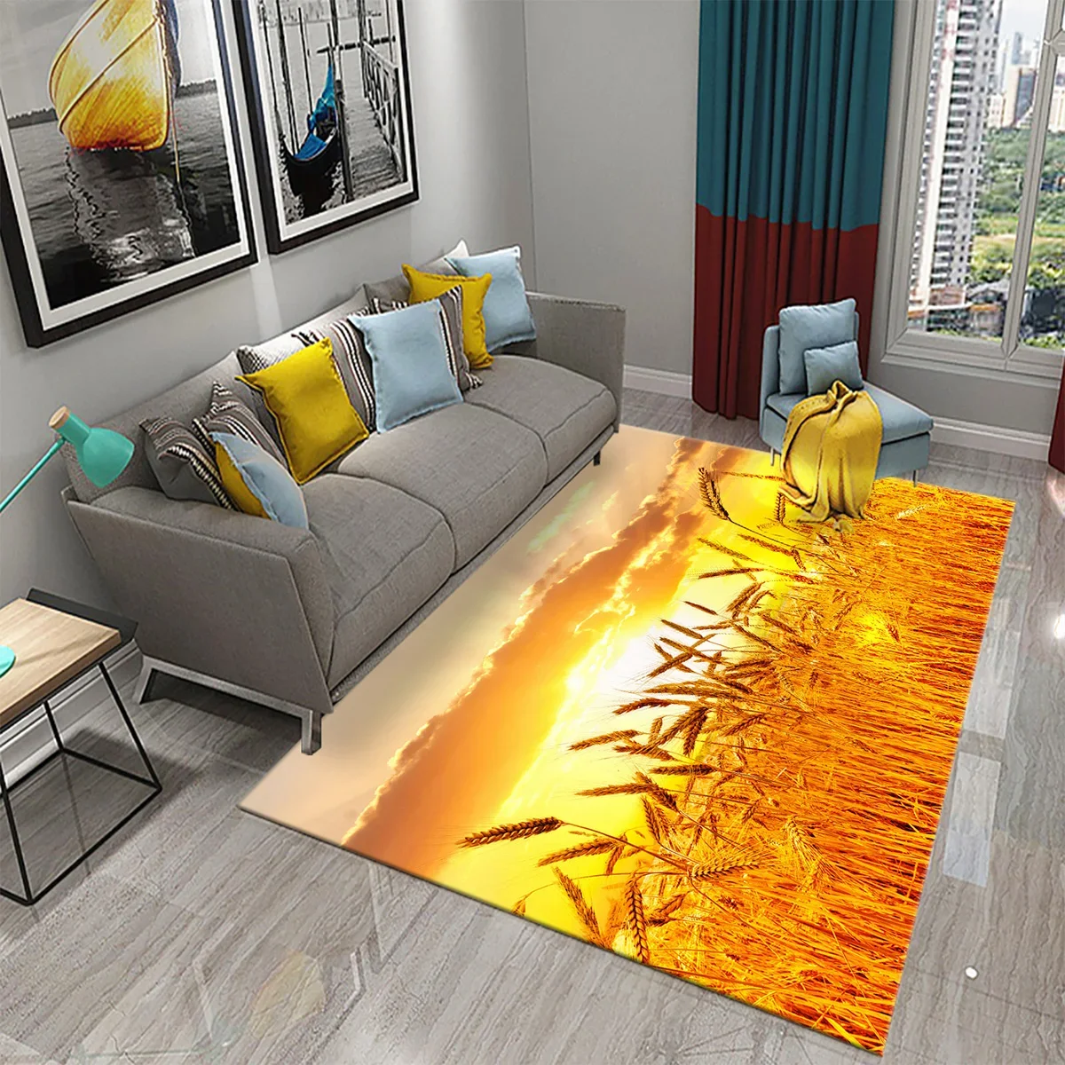 3D Golden Wheat Field Carpet for Bathroom Kitchen Non-Slip Area Mat Farm Fields Wood Board Home Bedroom Decor Living Room Carpet