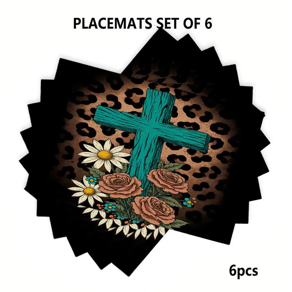 Leopard Cross Flower Placemats Set of 4 Linen Look Western Religious Theme Table Mats for Dining Kitchen Decor