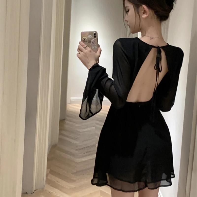 HOUZHOU Backless Black Short Dresses for Women Elegant Back Hollow Out Lace-up Long Sleeve Mesh Sheer Mini Evening Dress Summer