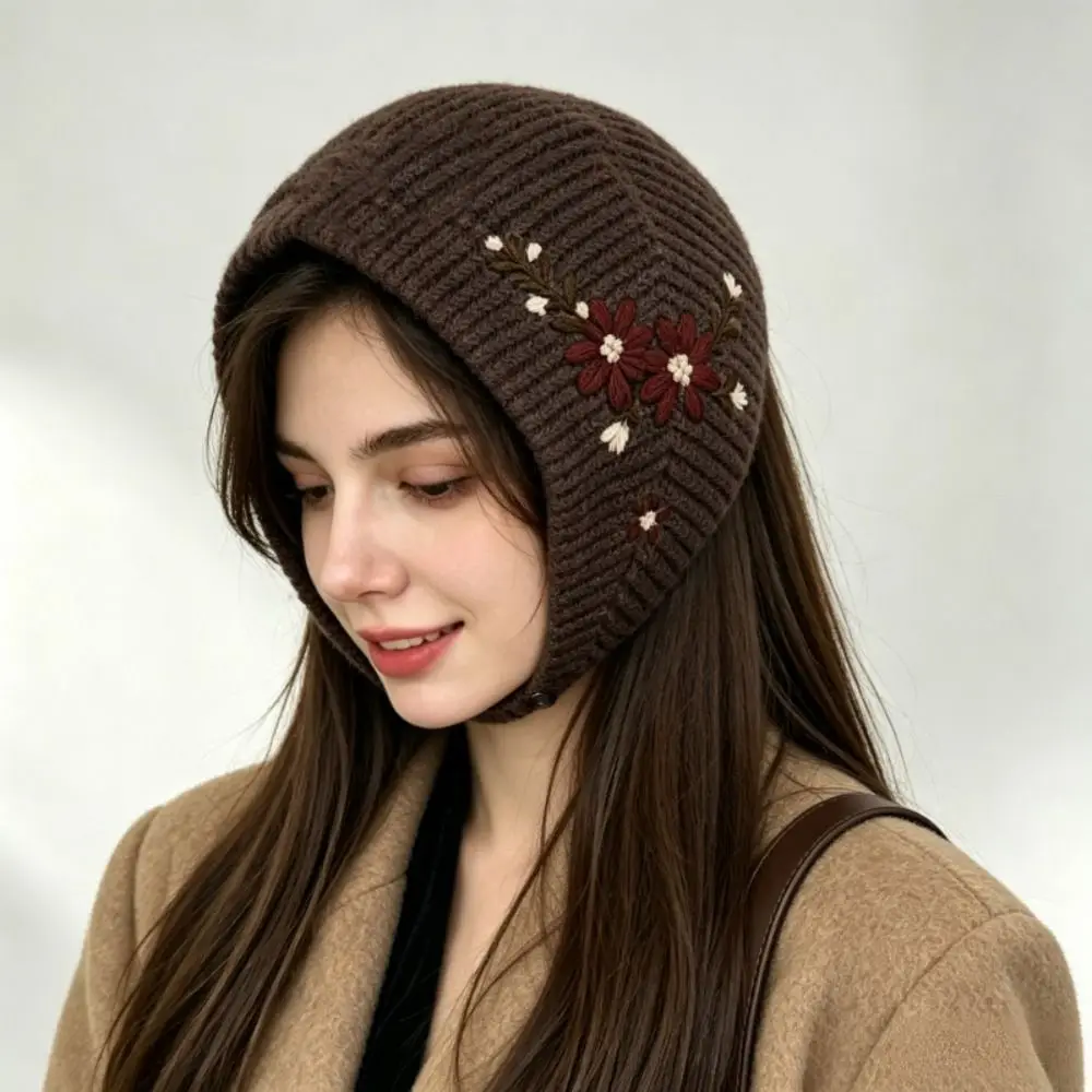 Wool Headscarf Floral Flower Embroidery Knitted Hat Retro Beanies Earflap Hat Ear Protectors Warm Hijab Vacation