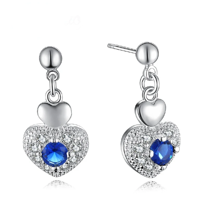 Cute pure 925 Sterling silver wedding jewelry romantic blue zircon crystal heart pendant necklace Earrings fashion jewelry set