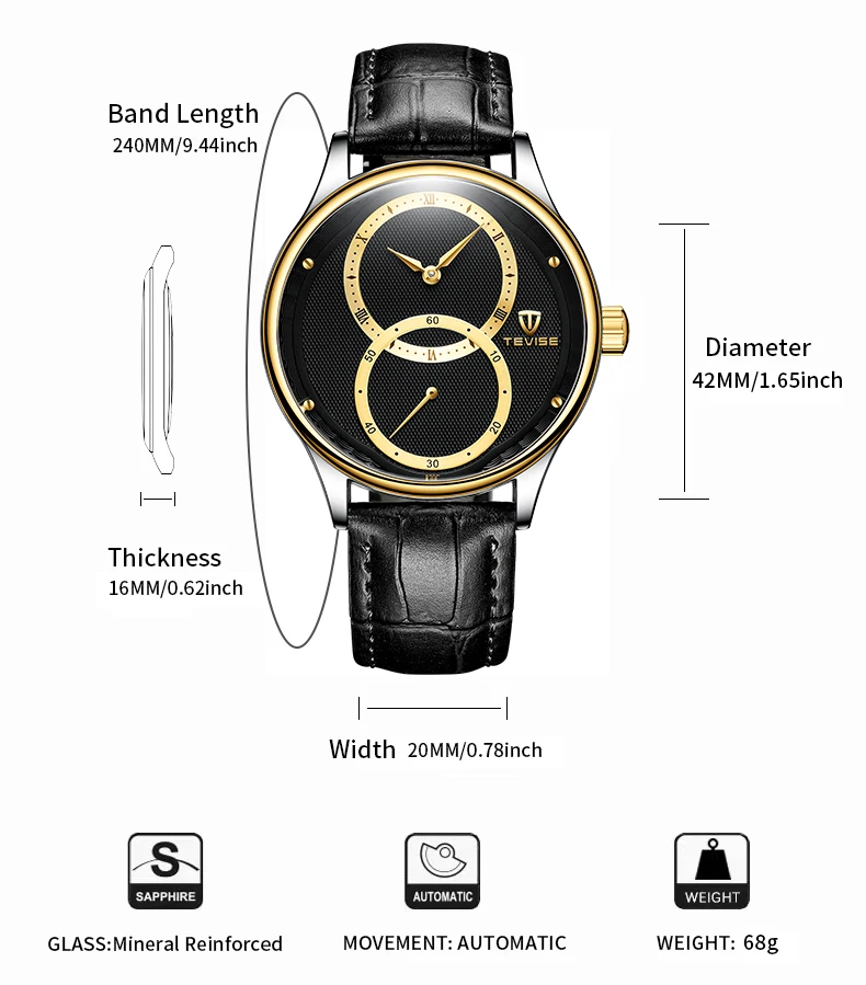 TEVISE automatico meccanico per uomo in pelle impermeabile luminoso Business & Fashion sport orologio da polso in acciaio inossidabile