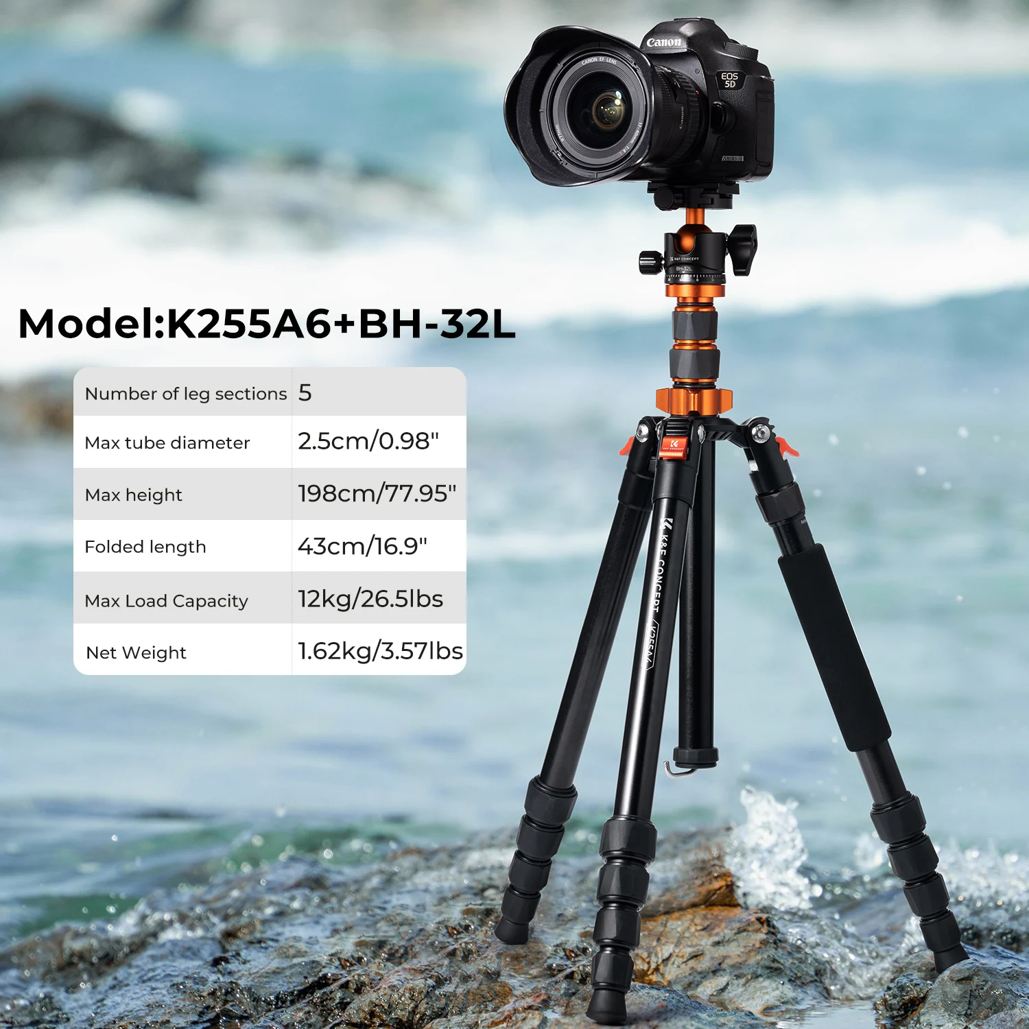

K&F Concept 78 inch/198cm Camera Tripod 3 Sections Central Axis Travel Tripod with 26.4 lbs/12KG Load Ball Head for DSLR Cameras