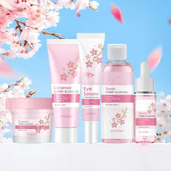 Sakura Skincare Set Moisturizer Face Cream Serum Toner Facial Cleanser Eye Cream Anti-Wrinkle Brighten Face Care Kit for Women