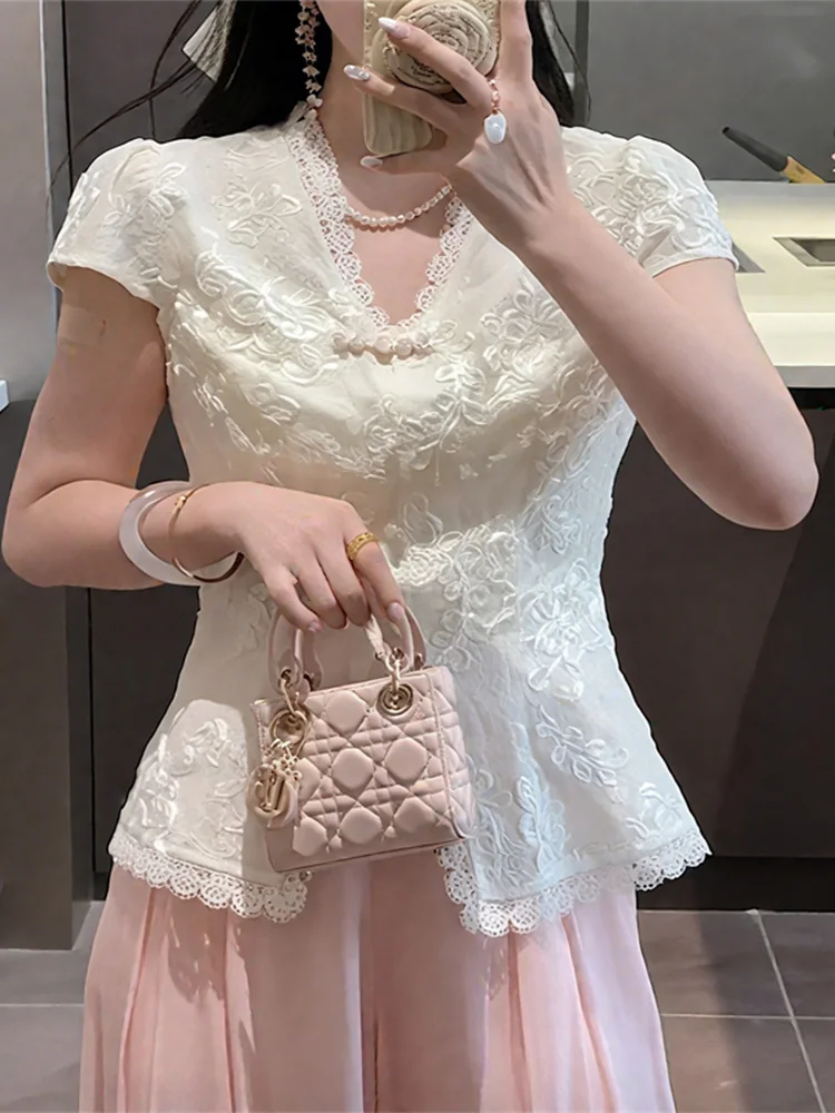 

Новая китайская вышитая блузка с завышенной талией, летняя женская модная свободная универсальная блузка 2025 года, корейская версия