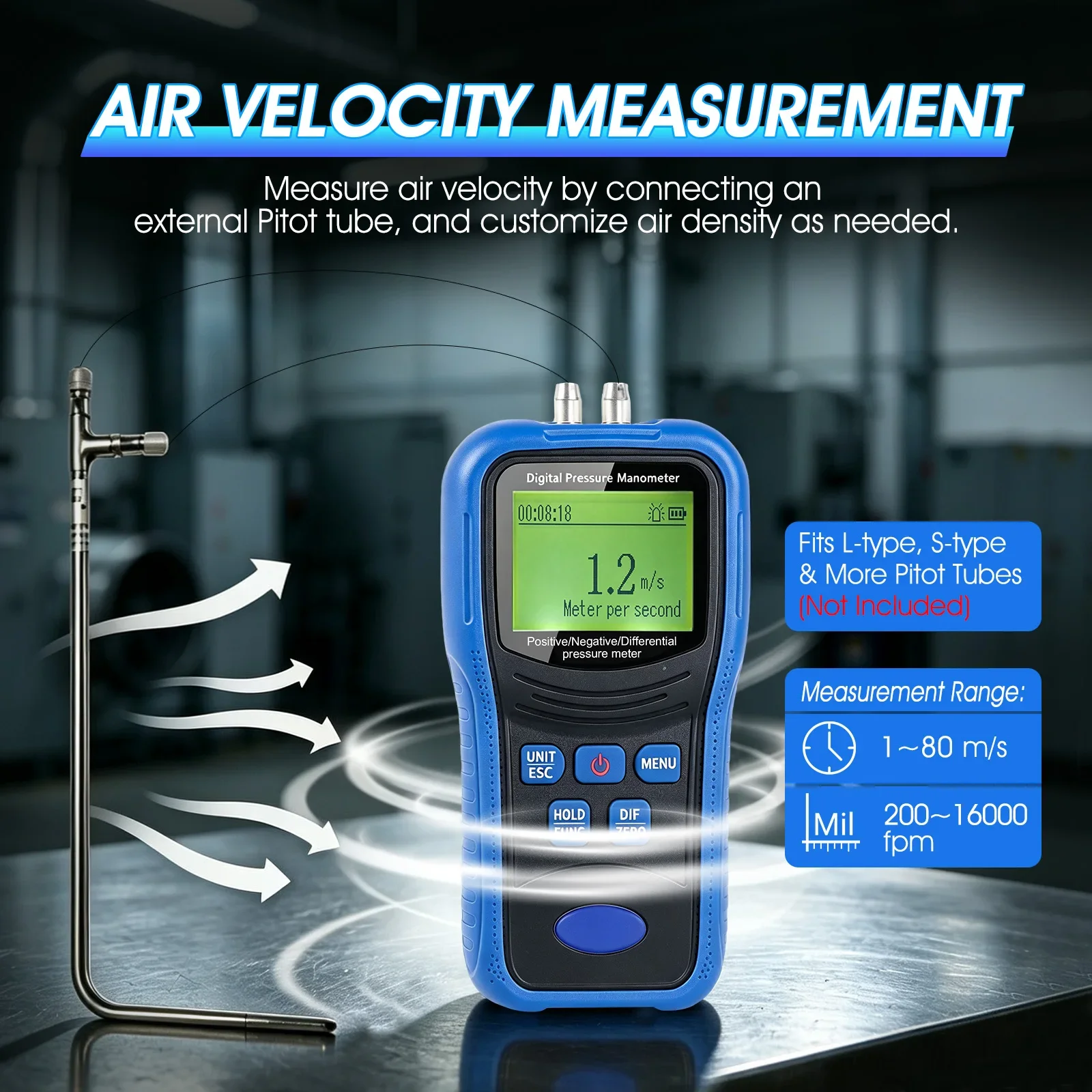 HoldPeak TM510B Digital Differential Pressure Manometer 1Pa Resolution 0.3% FS 12 Units Air Velocity for HVAC