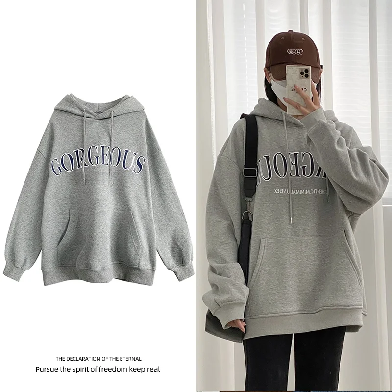 

Gray Oversize Hoodie Women's Korean Style Loose Fit Trendy Large Size Cotton Polyester Blend Long Sleeve Hooded Sweatshirt