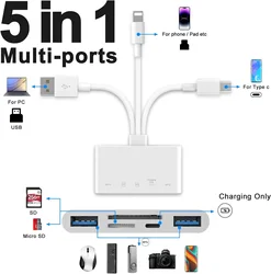 Memory Card Reader 5-in-1 USB OTG Adapter TF SD Card Slots Reader for iPhone/iPad  Macbook Huawei Samsung USB C SDHC/SDXC/MMC