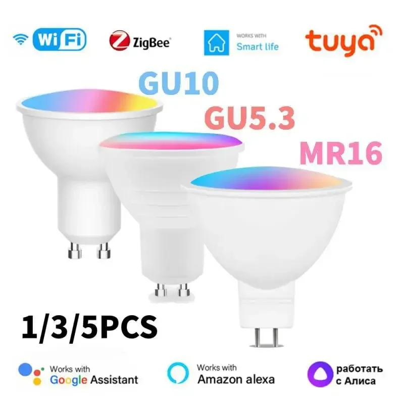 

Умная лампочка Tuya Zigbee/WIFI GU10/GU5.3/MR16 Светодиодная лампа RGB с регулируемой яркостью 5 Вт Smart Life Spotlight Control через Alexa Google Home