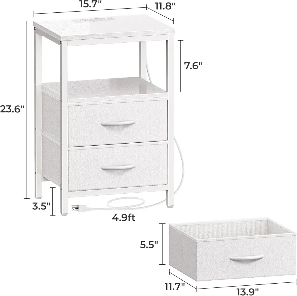 Nightstand W/ Charging Station, W/ Fabric Drawers, End Table with Open Shelf, Bedside Table W/ USB Ports and Outlets,for Bedroom