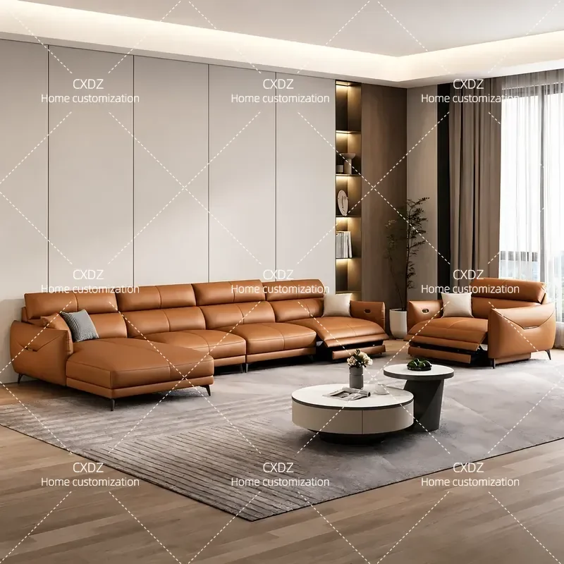 Electric Functional Sofa Modern Minimalist Straight Row 3 4 Seater Real Cowhide Leather for Small Apartment Living Room