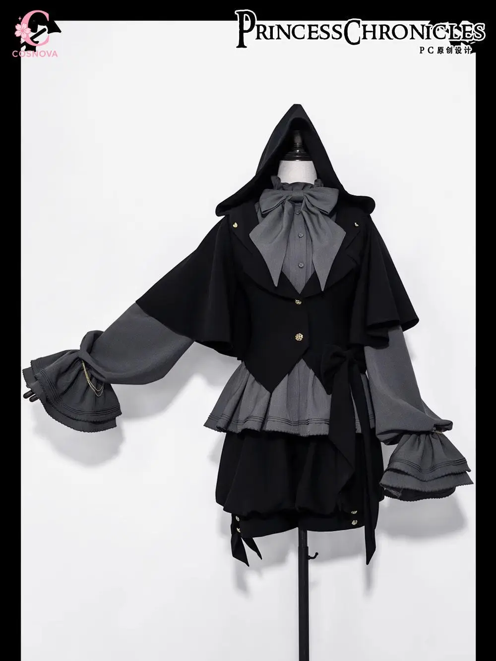 

Gothic Retro Lolita Style Hooded Rabbit Ear 3PCS Set Women Bow Ruffle Lantern Sleeve Black Suits Chic Daily Streetwear Clothes