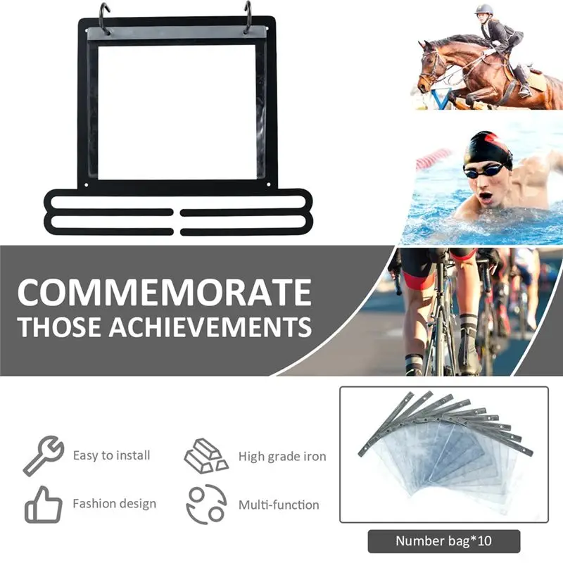 A19F-Medal Hanger Display, Mounted Medal Hanger With Number Bags And Hooks Race Medal Display Rack Practical Medal Holder