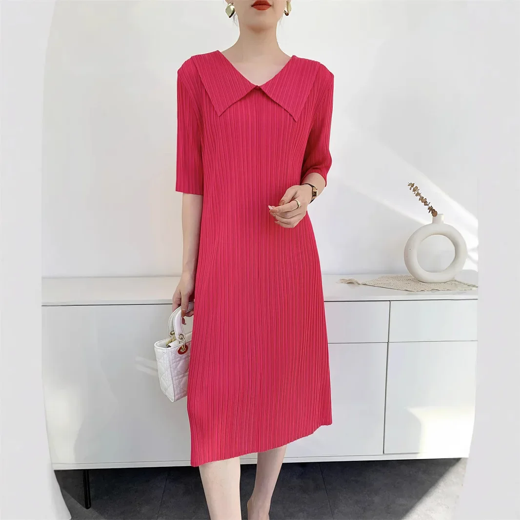 SXZ Miyake 2025 Summer Temperament Elegant Premium Feeling Doll Face Pleated Dress Women Mid-Length Loose Women Clothing