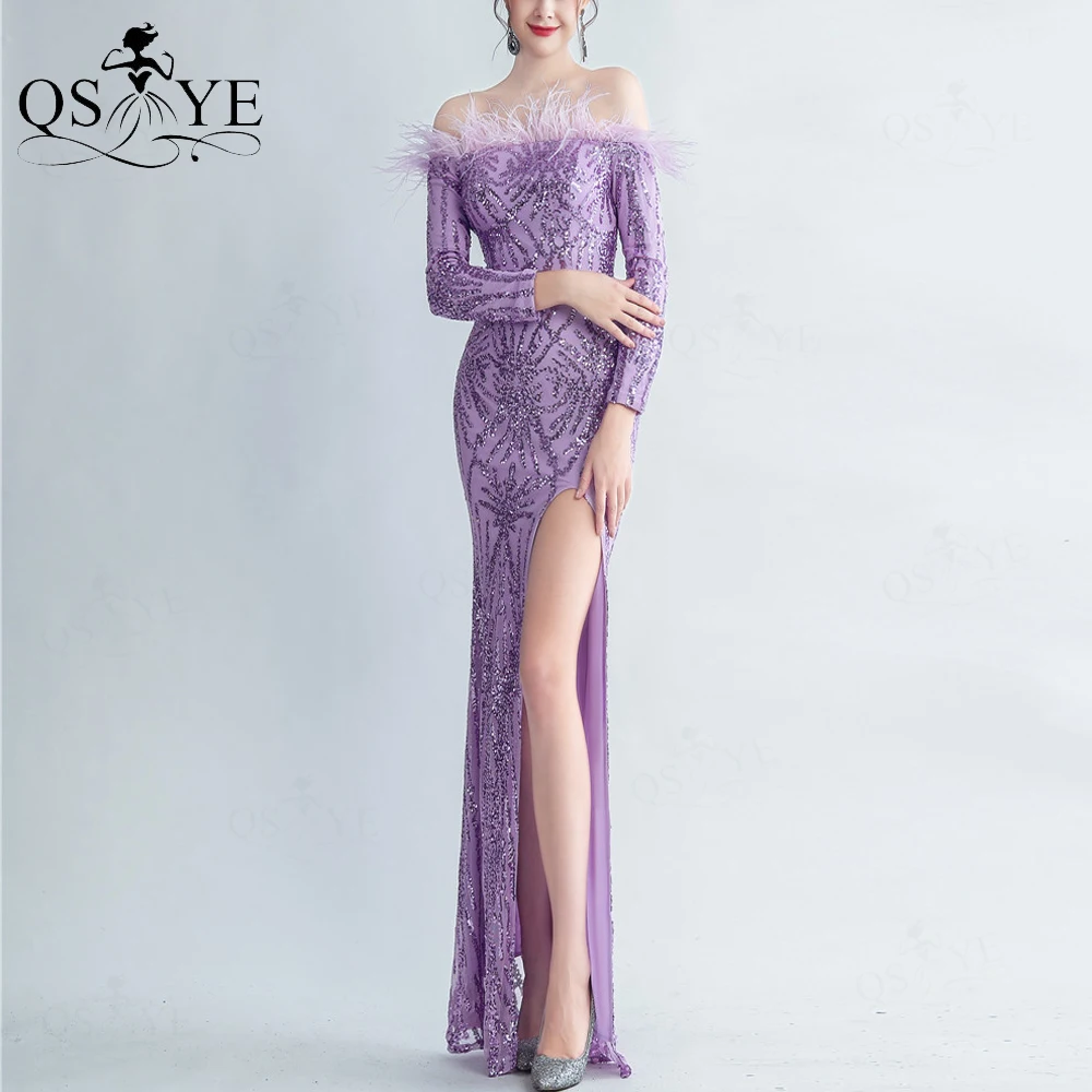 

Ostrich Hair Neck Purple Prom Dresses Off Shoulder Sequin Pattern Lace Long Sleeves Evening Gown Split Elegant FittedParty Dress